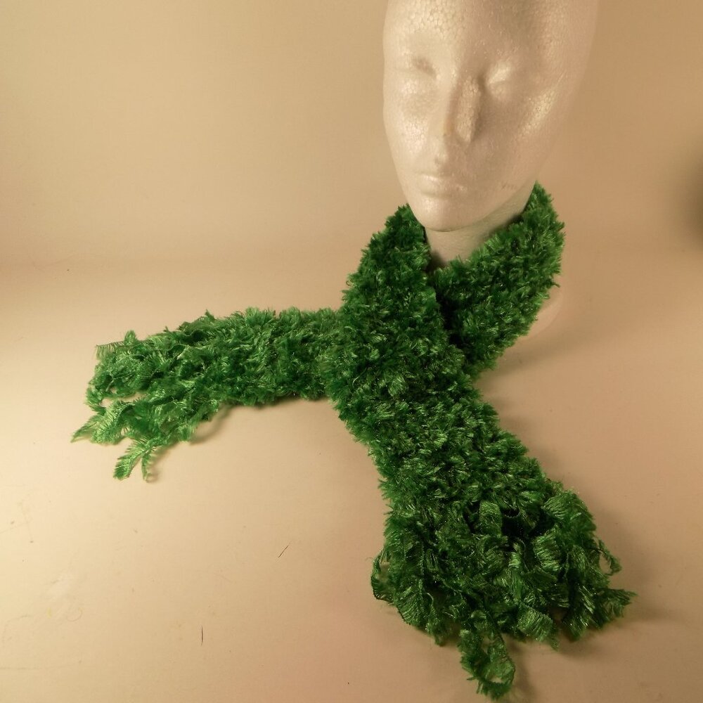 Handmade Knit Kids Scarf GREEN Fuzzy Winter